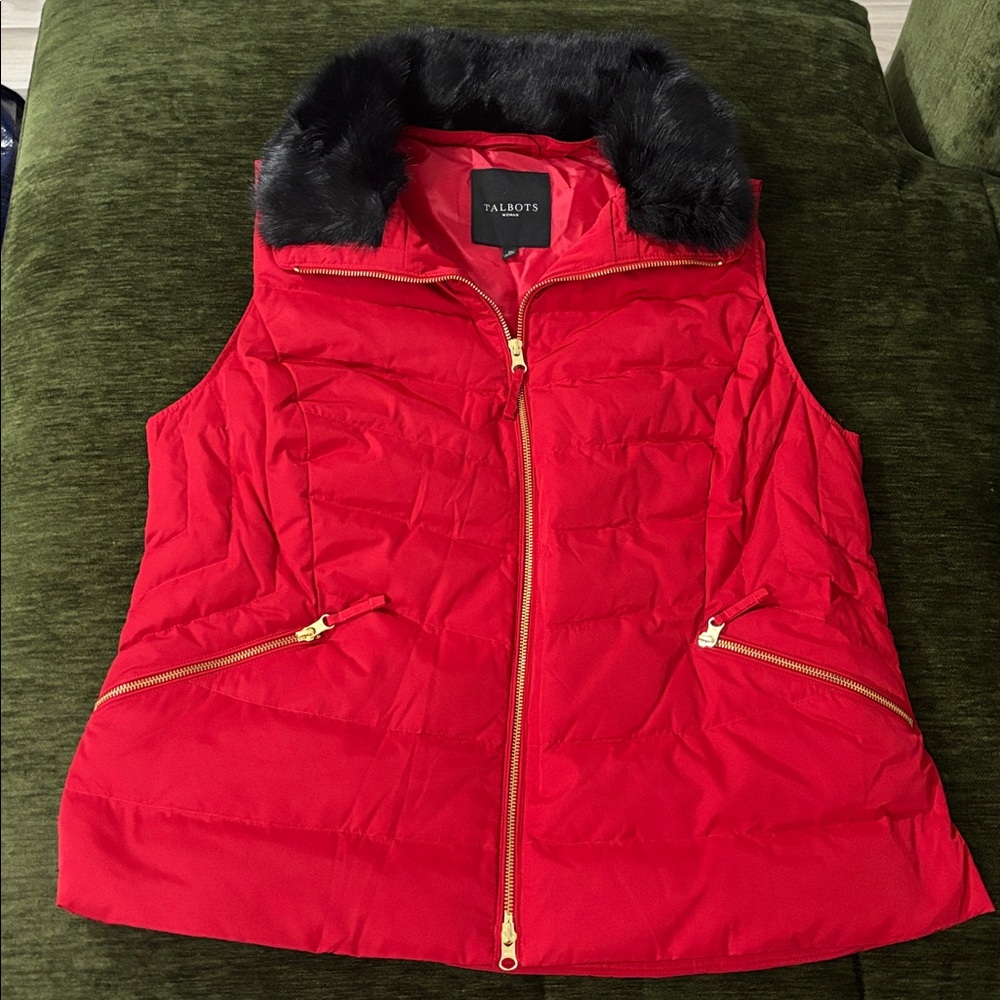Talbots Red Quilted Removable Faux-Fur Collar Puffer Vest‎ Size XL NWOT - Picture 2 of 15